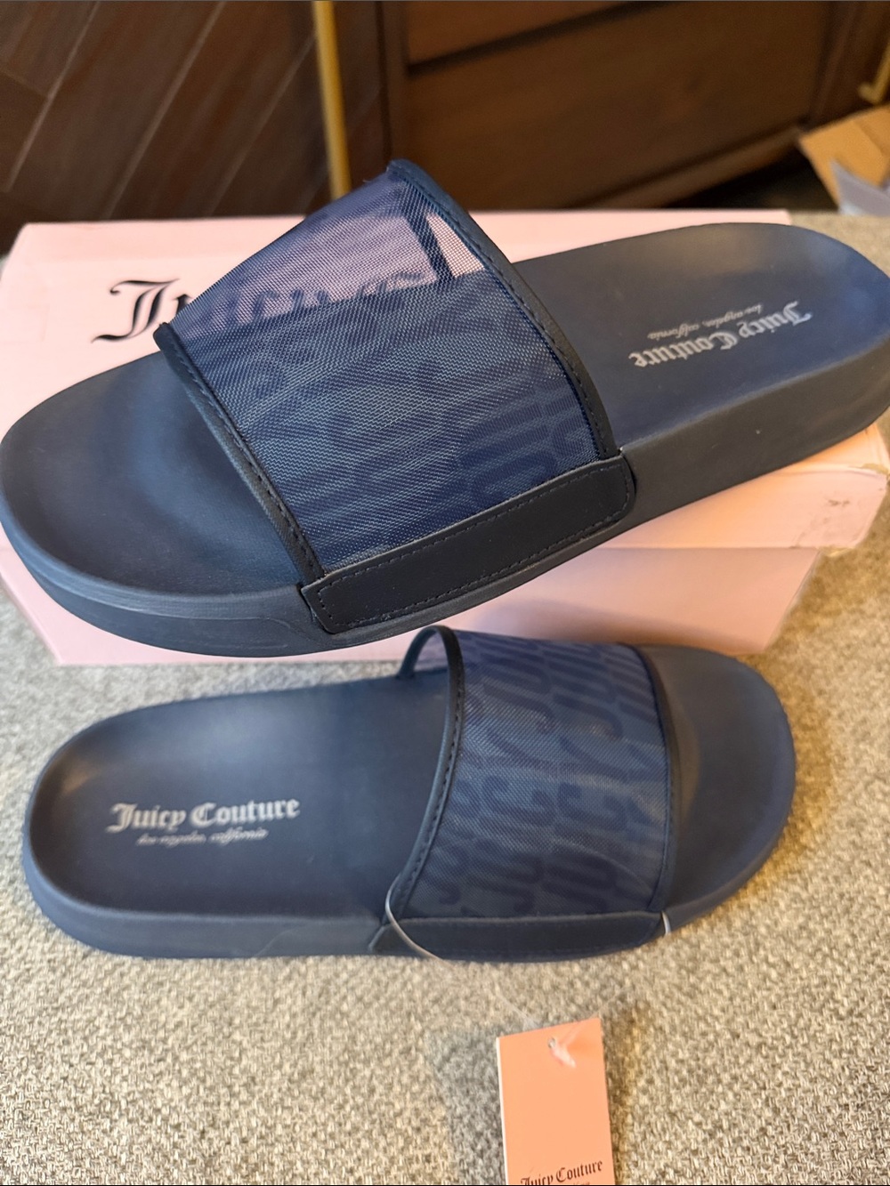 Juicy Couture Navy Mesh Strap Slide Sandals